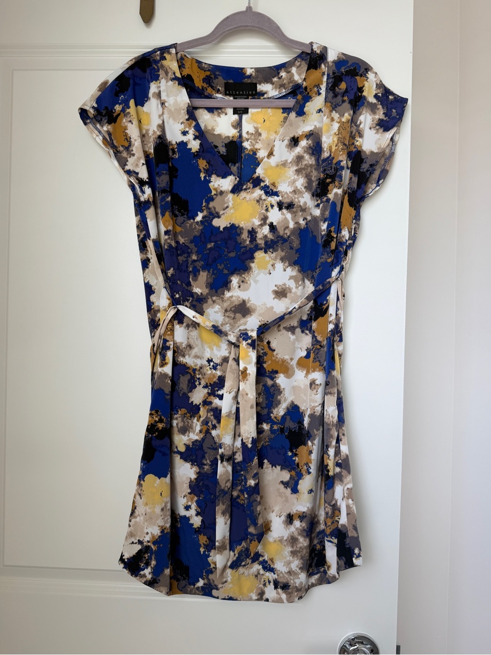 Attention Brand Women's Size S Shift Dress Abstract Blue/Brown/White Tie Belted